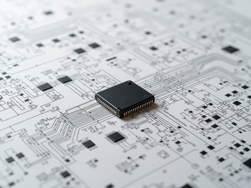 集成电路芯片产品特写,金属光泽表面,精密引脚排列,白色背景