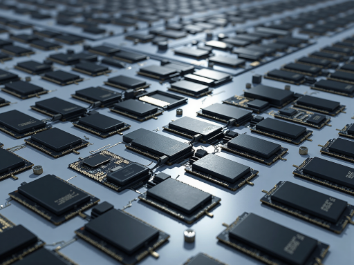 MCU单片机产品展示,黑色封装体,银色引脚,工业背景