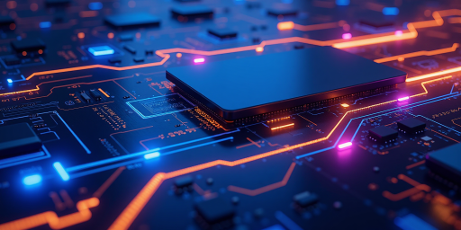 专业电源管理芯片制造商标识,紫色科技风格,几何设计